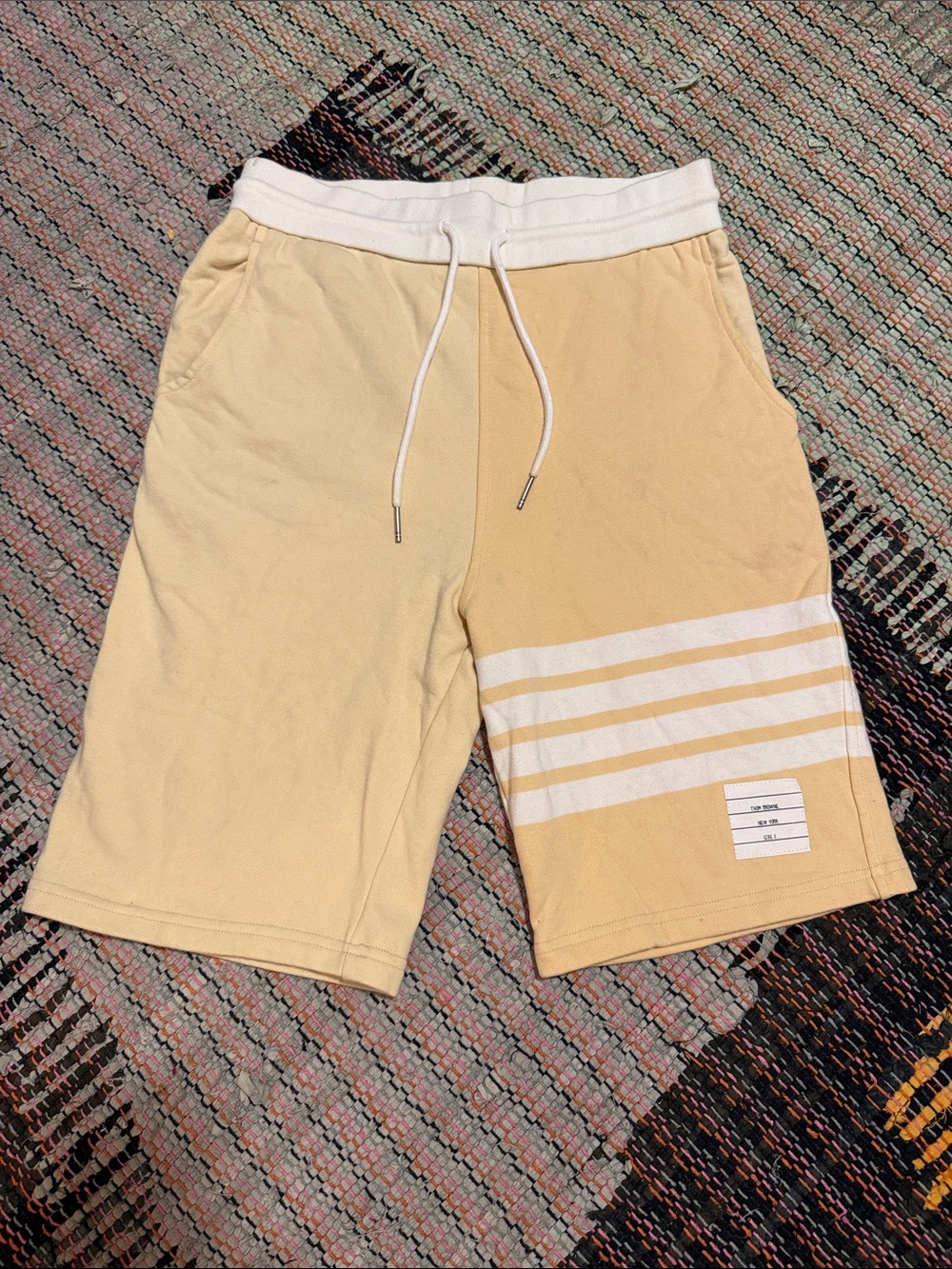 Thom Browne yellow-beige Drawstring Athletic Shorts with Stripe Detail
